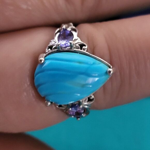 Sleeping Beauty Carved Turquoise & Tanzanite Sterling Silver Ring - Picture 2 of 5